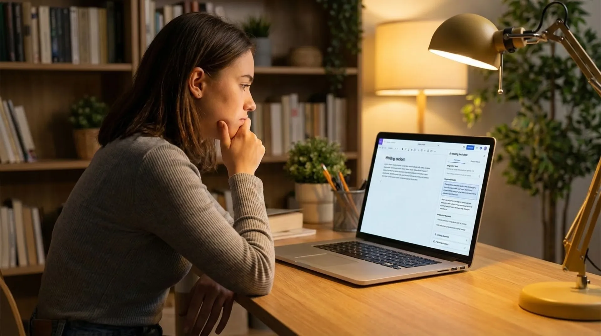 Student writing college essay with AI assistance on laptop