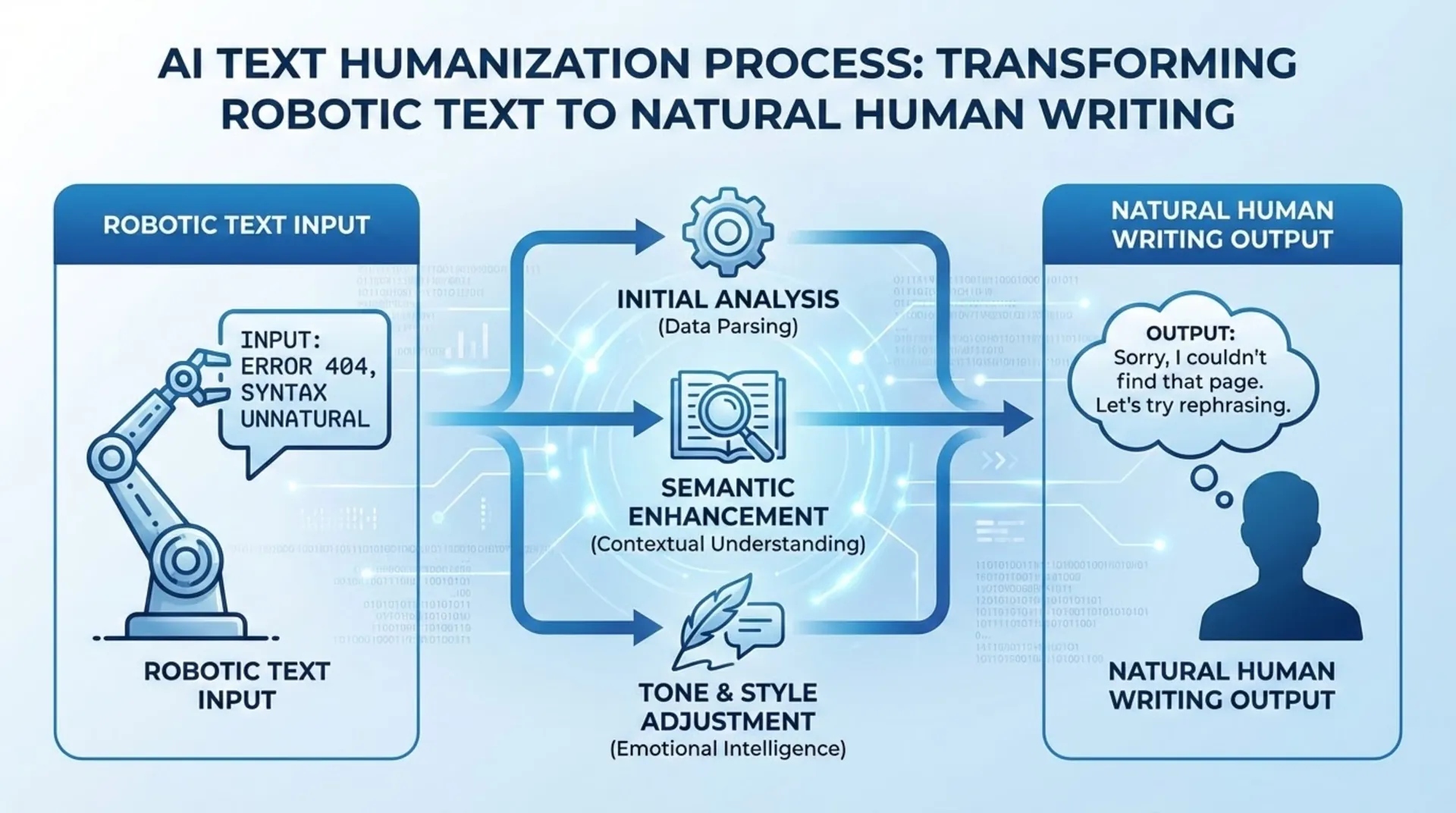 AI text humanization process transforming robotic writing into natural human content