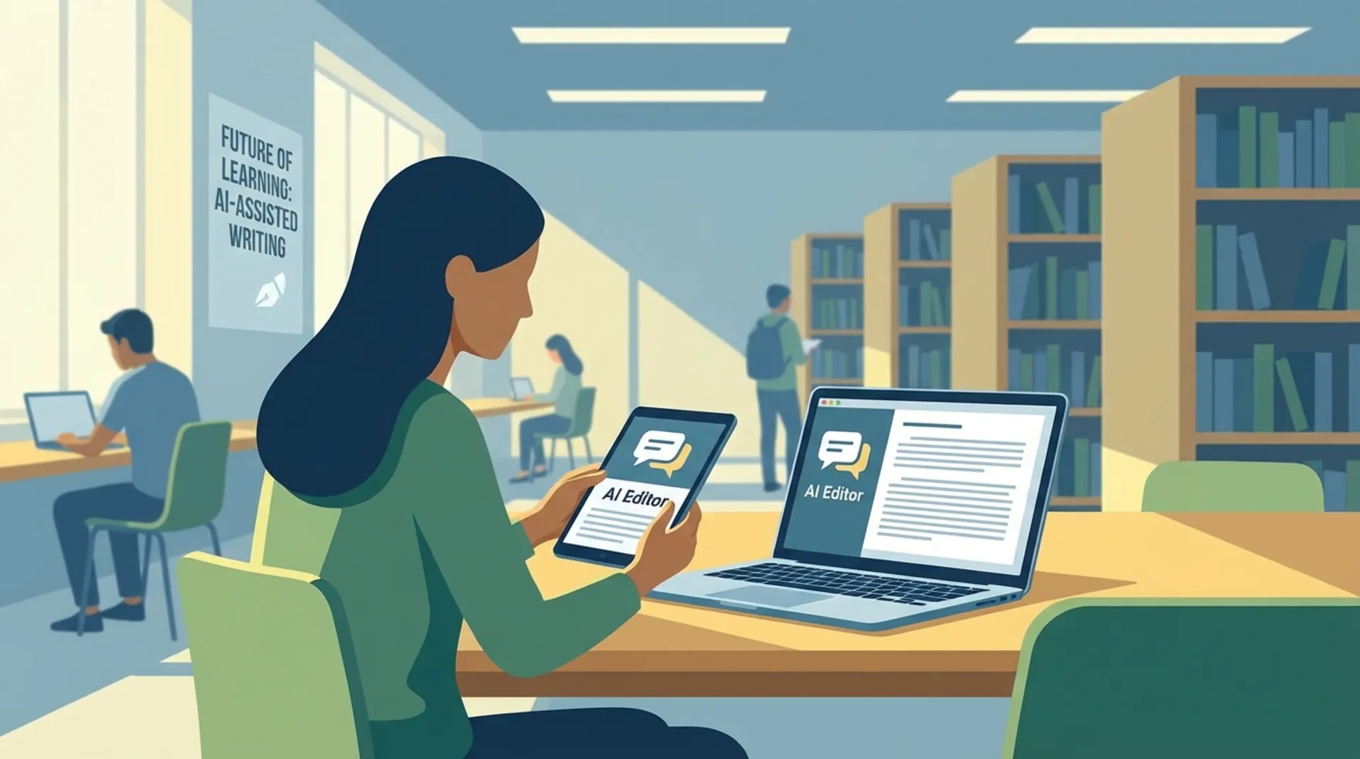 Student working on academic writing with AI assistance in a modern educational setting