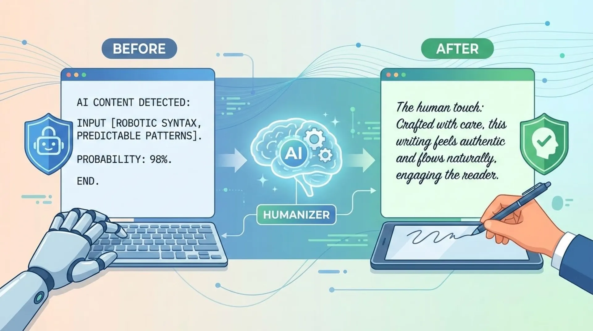Modern illustration of AI humanizer tool transforming text