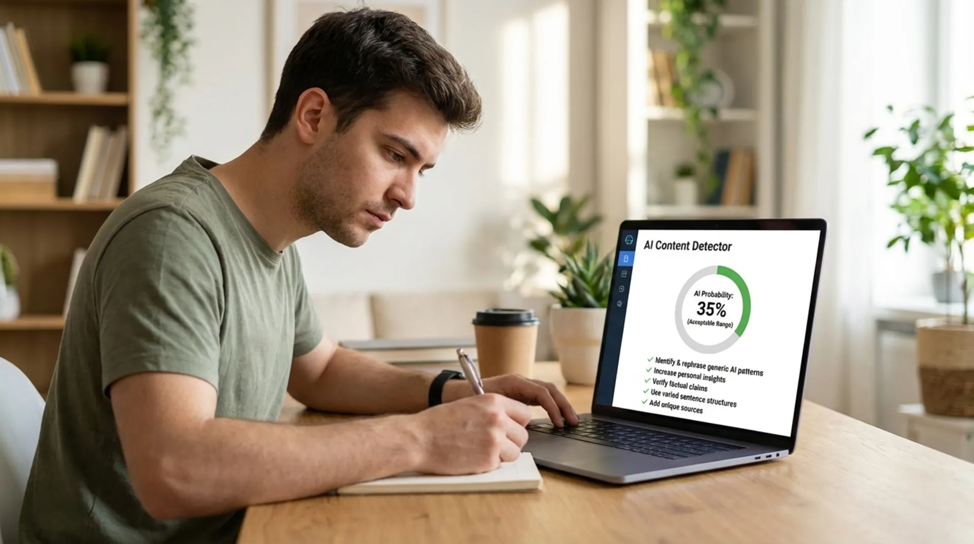 A writer reviewing AI detection results on a laptop, with percentage indicators showing how to reduce AI-detected content