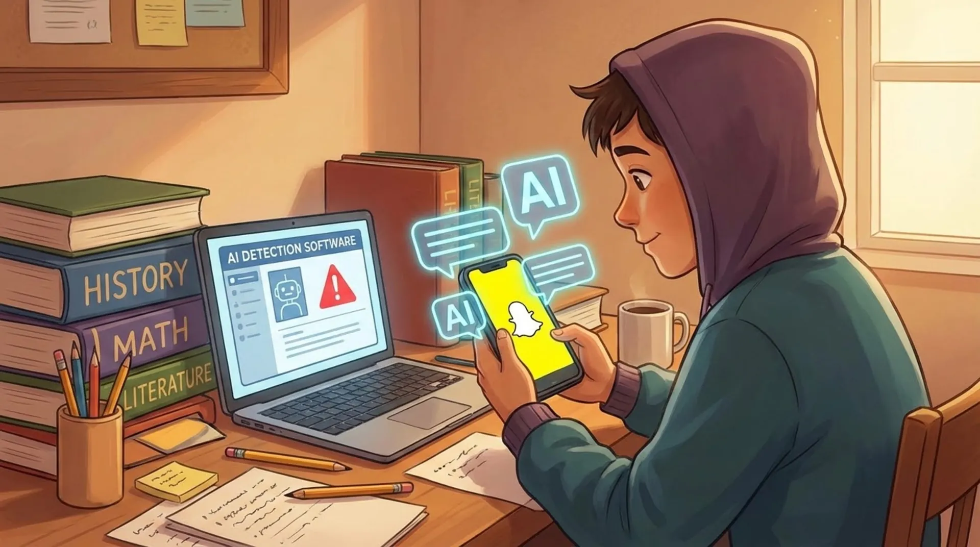 Student using Snapchat My AI on a smartphone next to school books and a laptop showing AI detection software