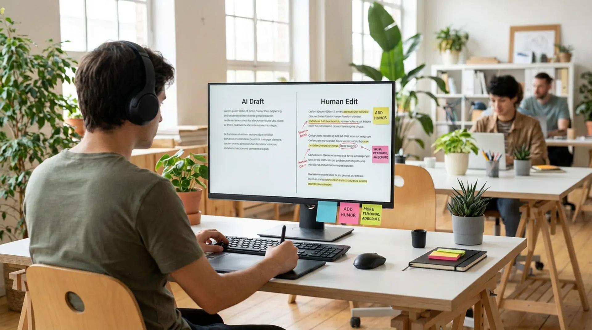 Content writer editing AI-generated text adding personal creativity and human touch