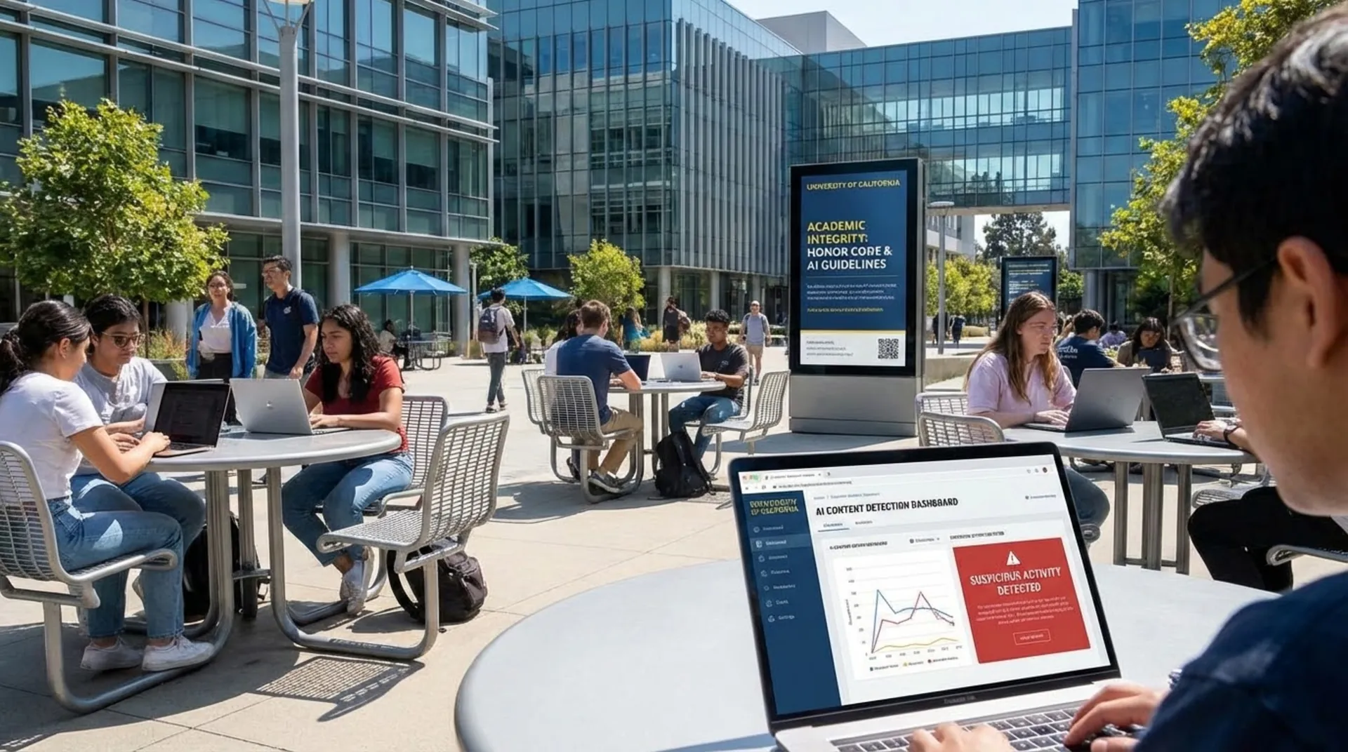 University of California campus with students on laptops and an AI detection software interface on screen