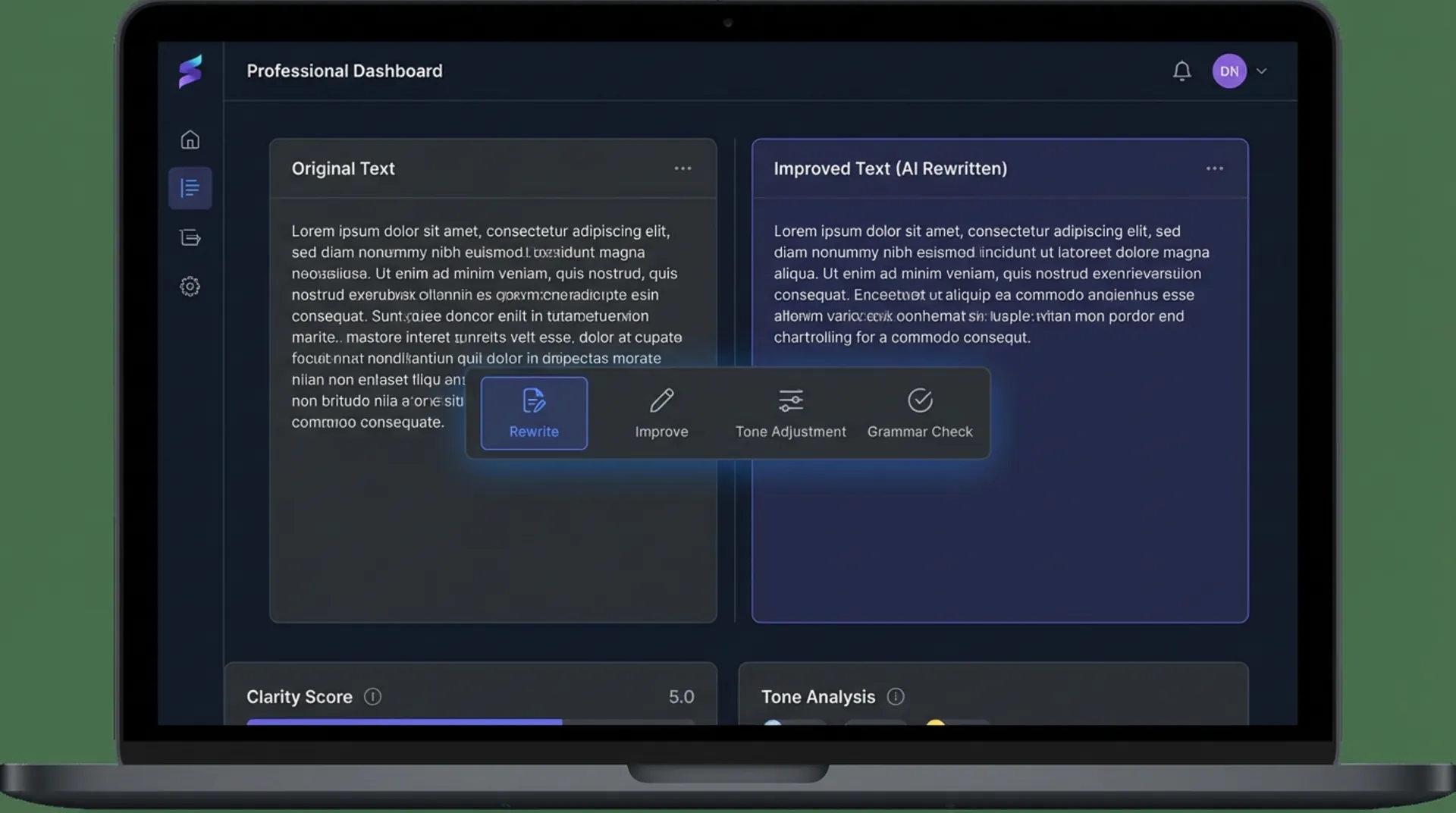 AI writing assistant dashboard with text improvement features