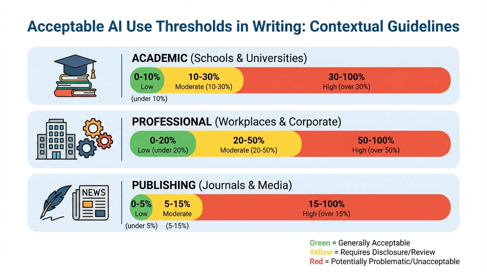 Infographic showing acceptable AI percentage thresholds across academic, professional, and publishing contexts