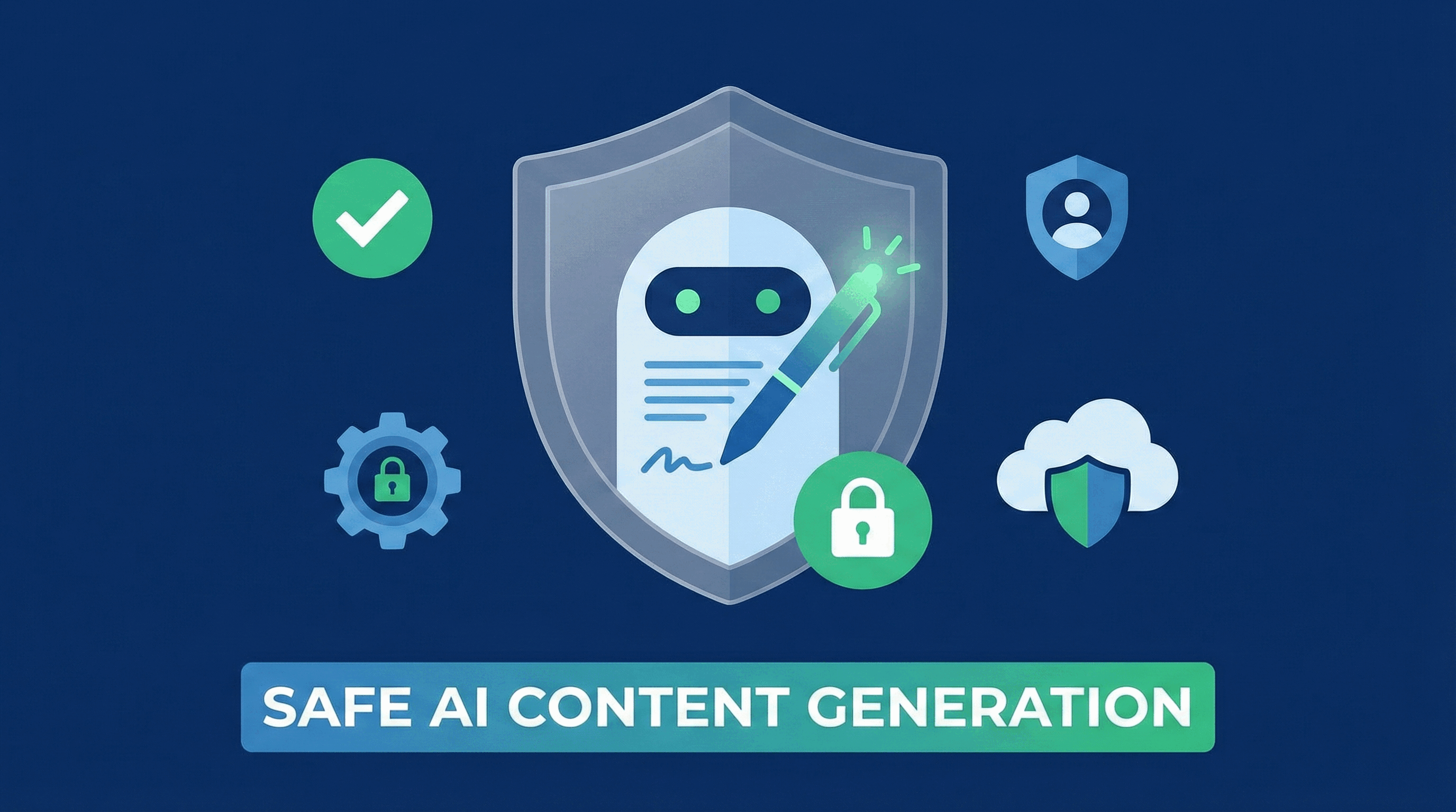 Professional illustration of AI writing assistant with security   
  shields representing safe AI content generation