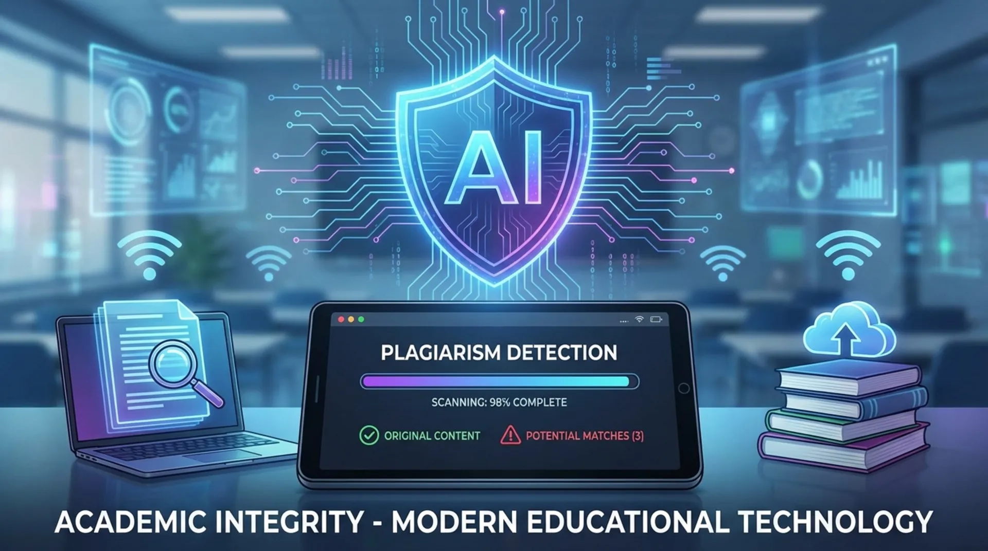 Digital interface showing plagiarism detection software and academic integrity concepts