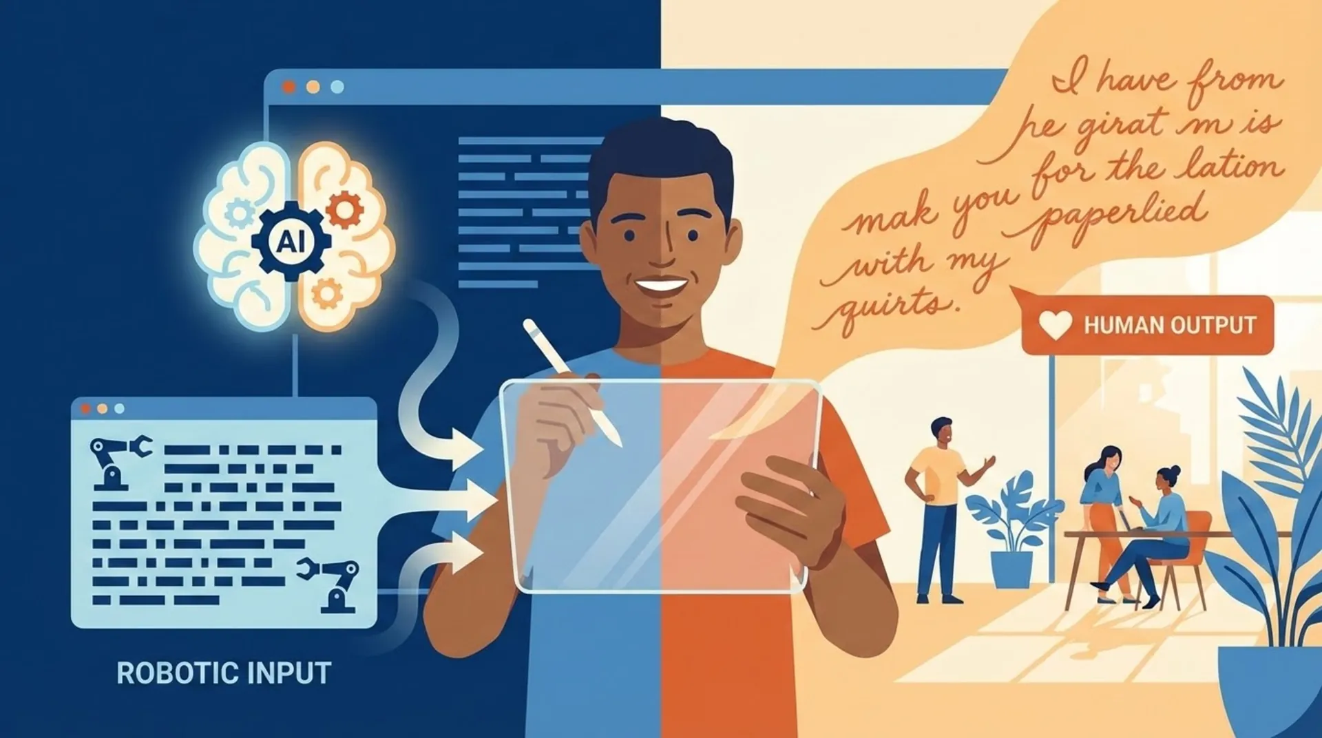 Modern illustration of AI humanizing text transformation