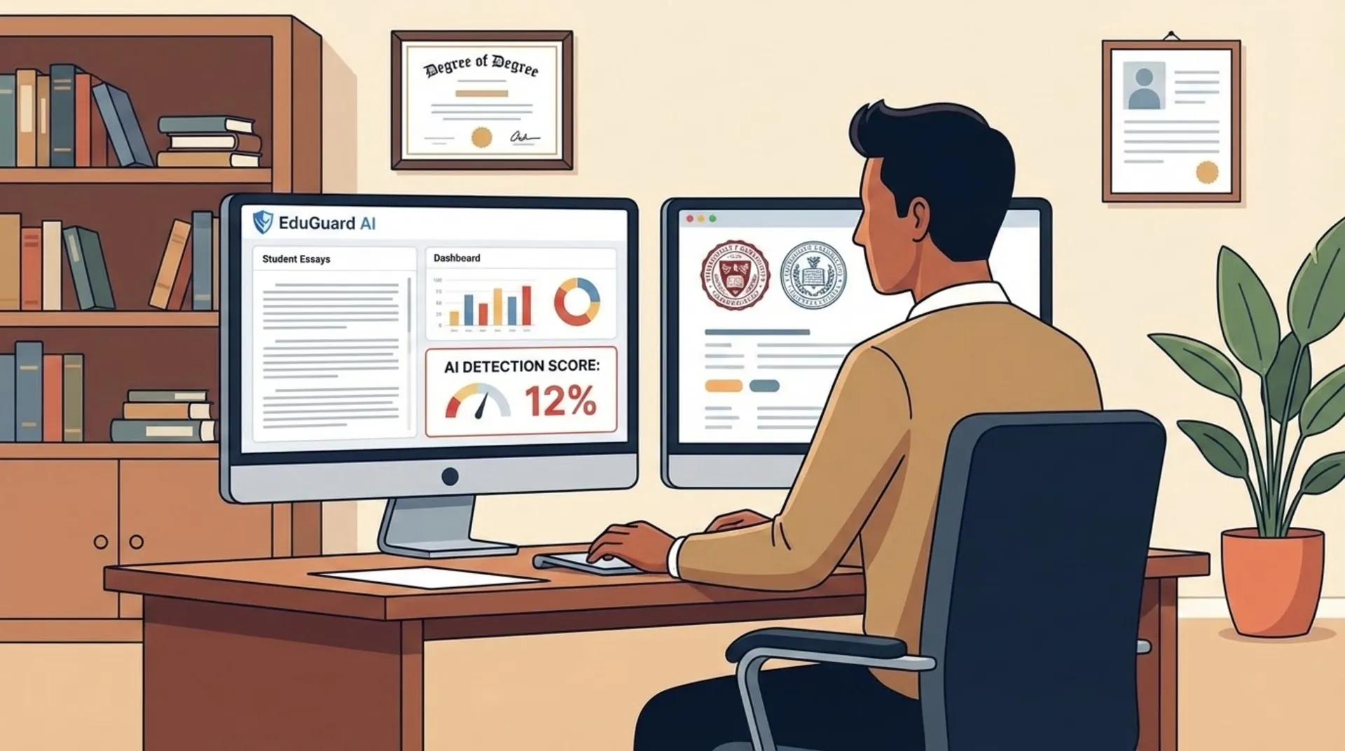 College admissions officer reviewing student applications with AI detection software