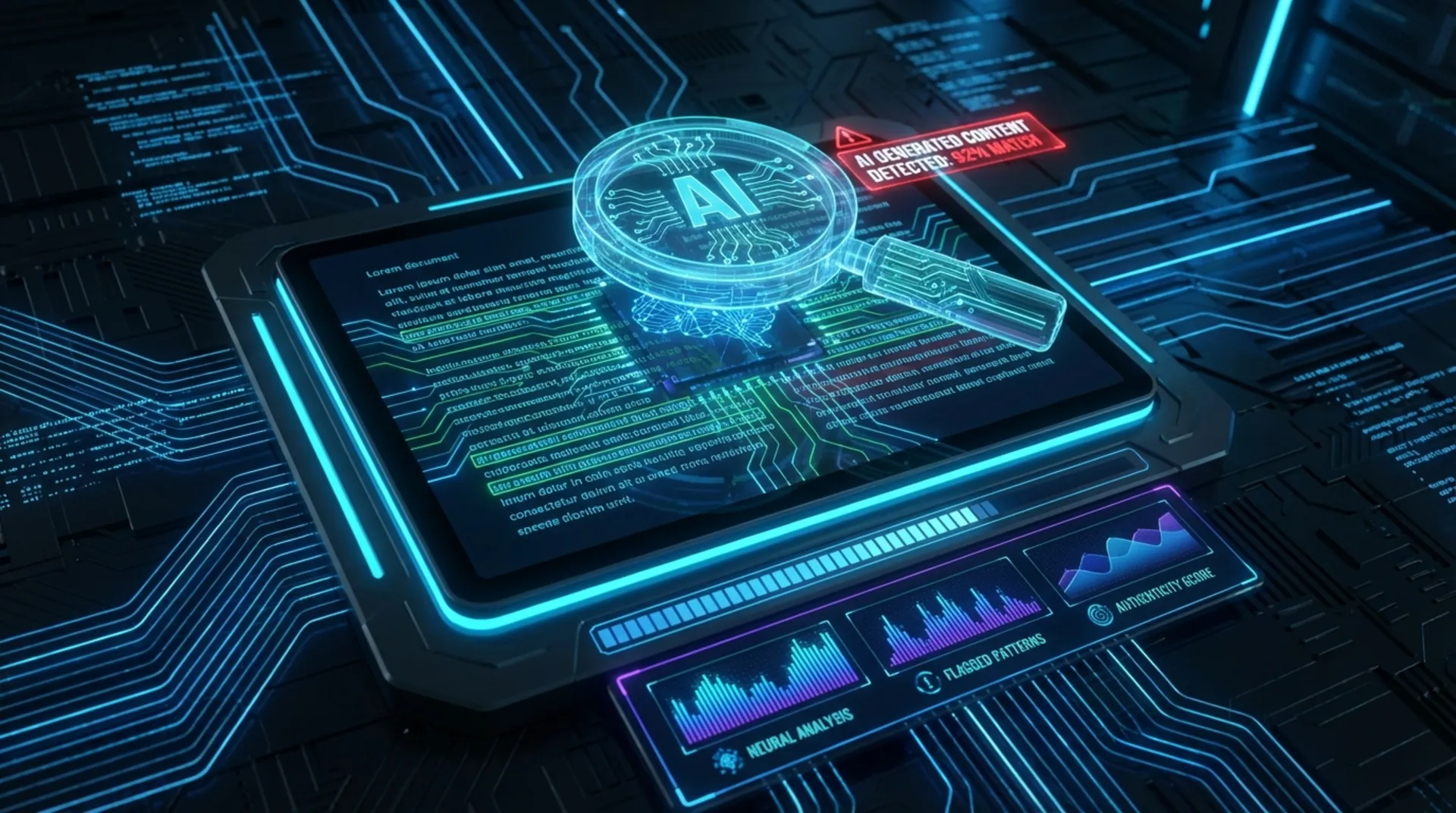 AI detector scanning documents with neural network visualization, representing how the Crossplag AI detector analyzes text patterns