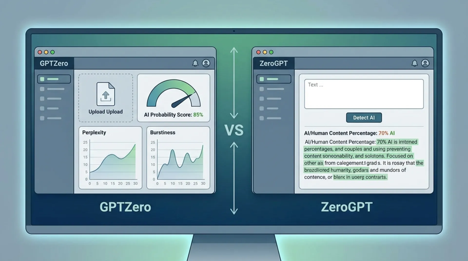 GPTZero vs ZeroGPT side-by-side comparison of AI detection interfaces
