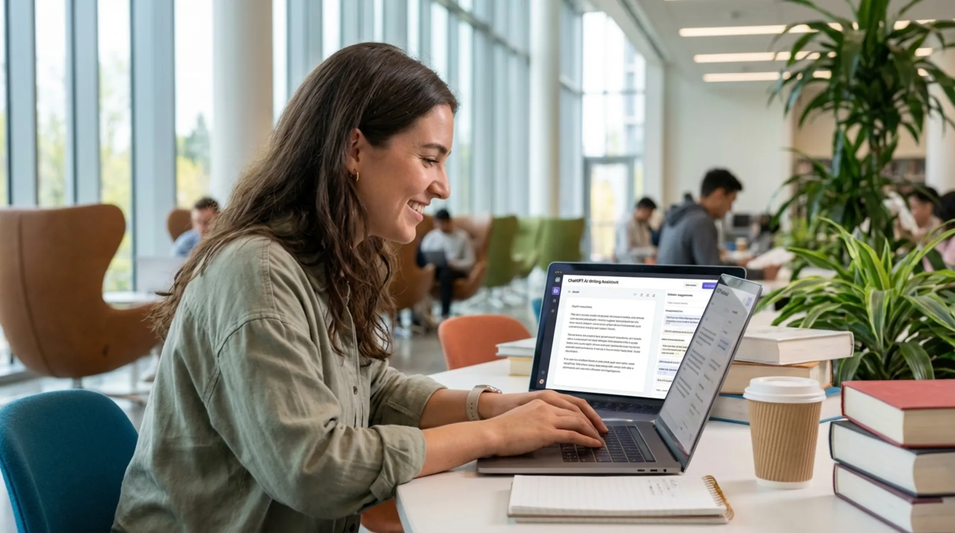 Student using ChatGPT AI writing assistant on laptop