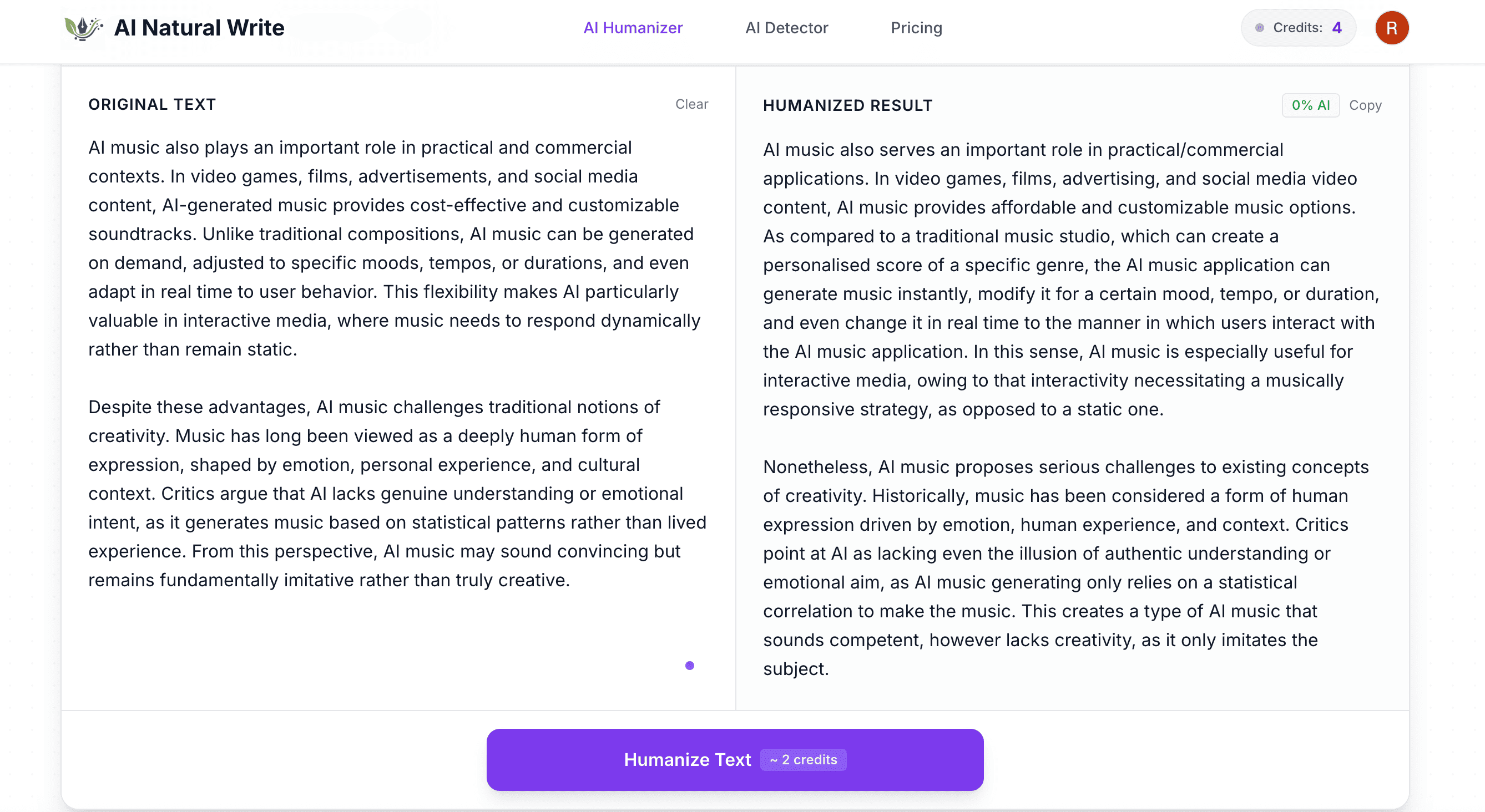 Before and after example showing how AI Natural Write humanizes an AI-generated paragraph into a more natural, human-sounding version