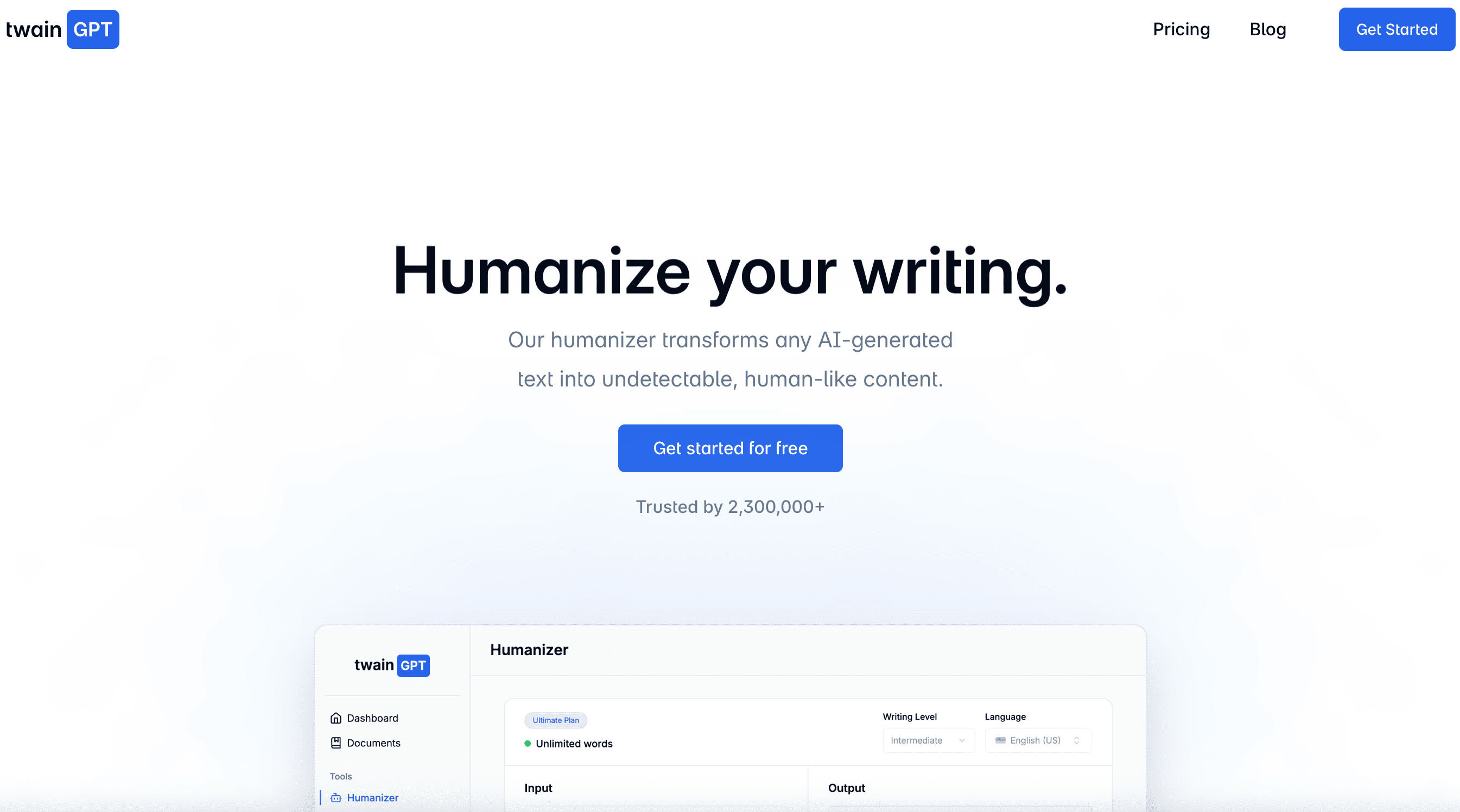 Twain GPT interface showing AI-powered text rewriting features